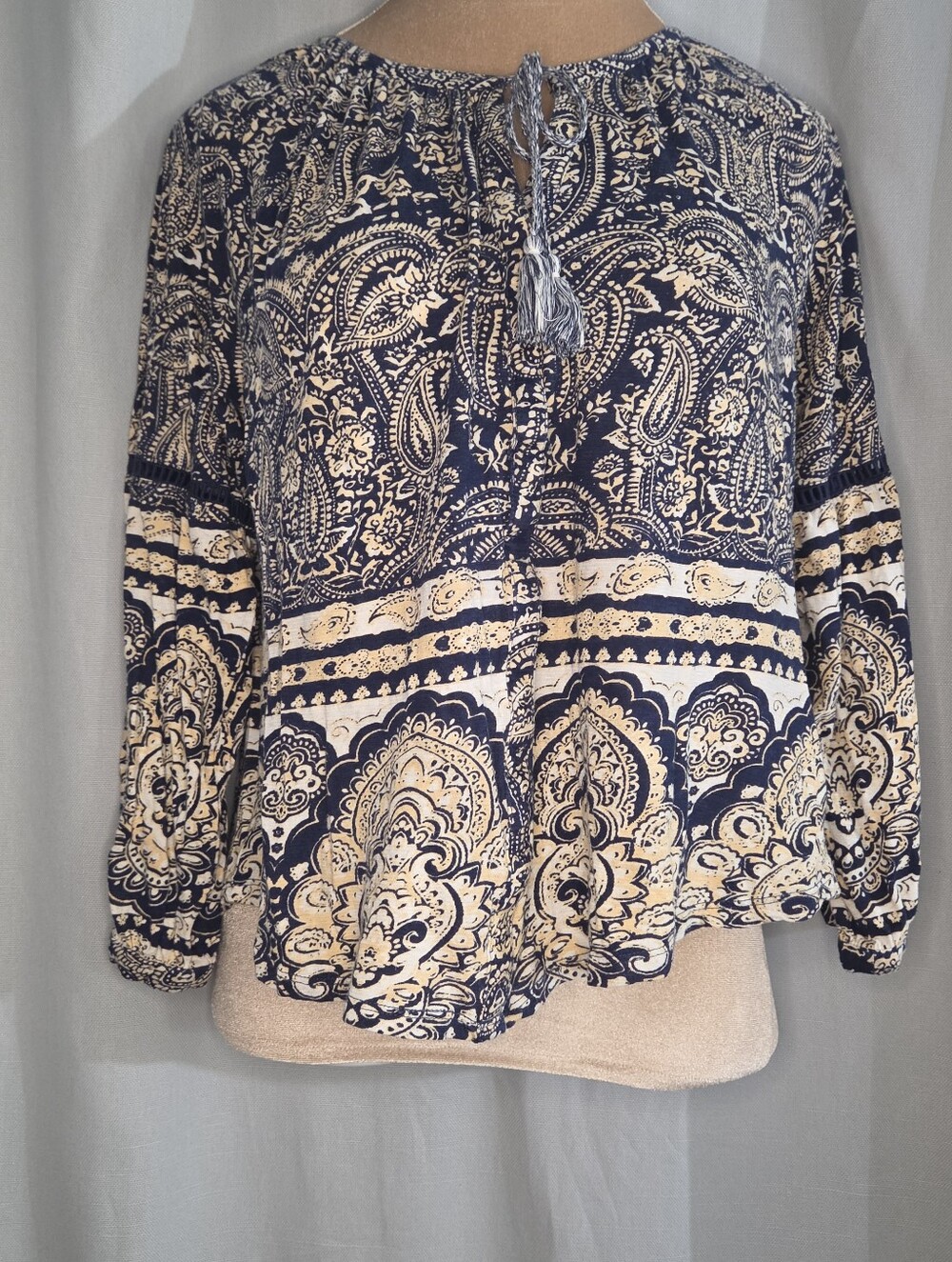 Lucky Brand M Medium Boho Paisley Tie-Neck Peasant Blouse - Navy/Cream - Picture 2 of 7